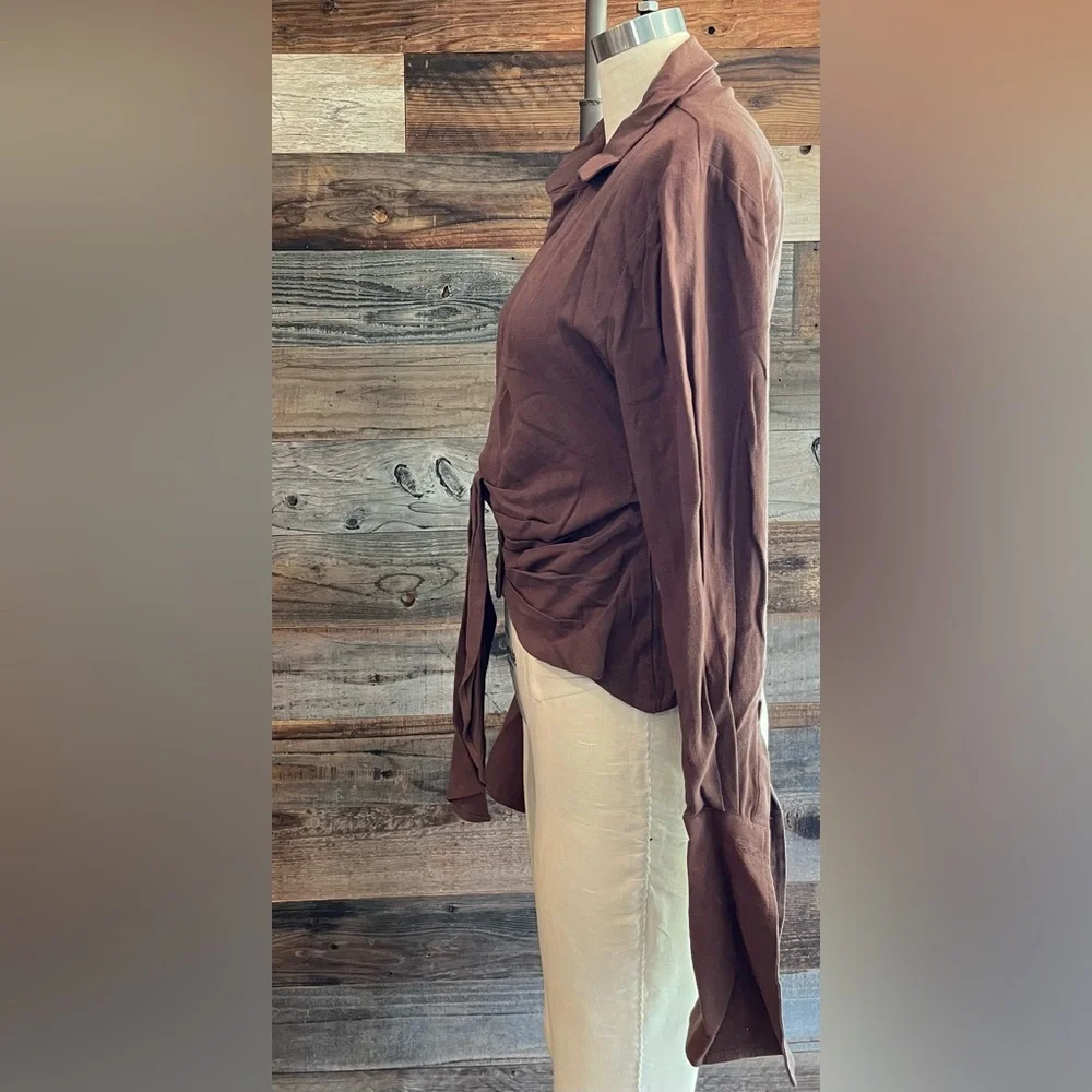 Brown Tie Front Fitted Blouse with Notched Collar - Picture 2 of 4